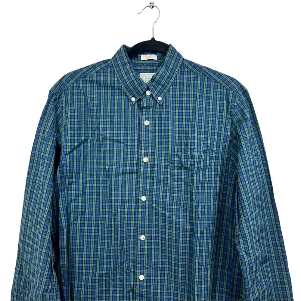 J. Crew Men Plaid Shirt Slim Button Down Long Sleeve Pen Pocket Green Blue Sz M*